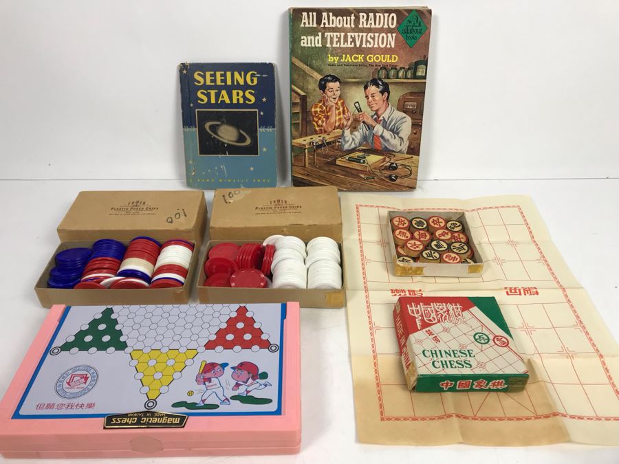 Vintage Wooden Chinese Chess Set, Magnetic Chess Set, Plastic Poker Chips And Vintage Hardcove Books: Seeing Stars And All About Radio And Television
