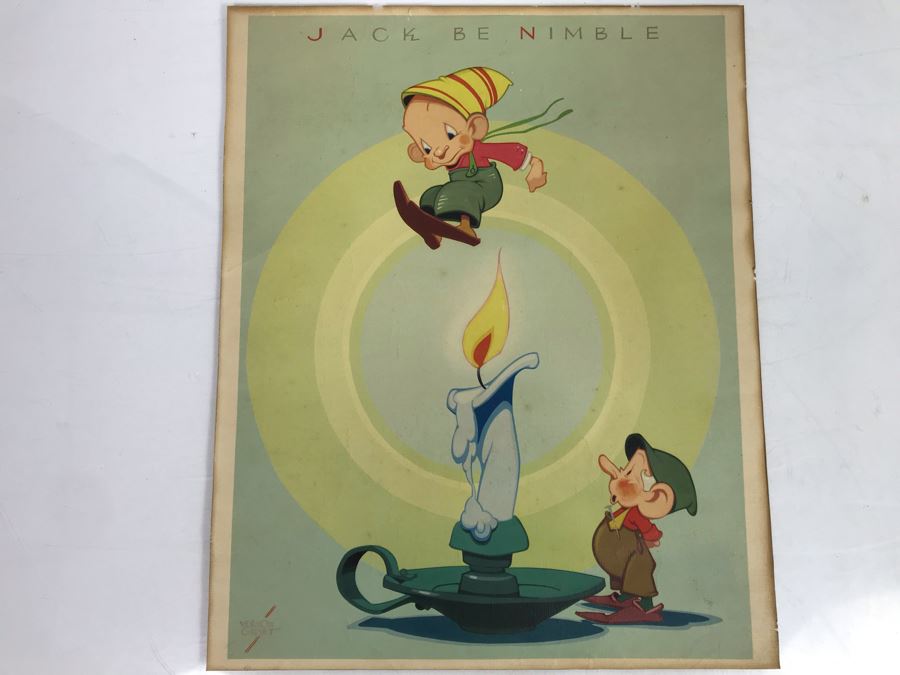 Vintage 1938 Jack Be Nimble Vernon Grant Nursery Rhyme Print 13' X 16'