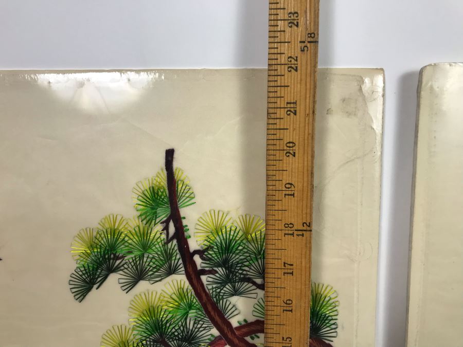 Pair Of Sealed Unframed Chinese Emroideries Artwork Of Birds And Trees Each 14' X 22' [Photo 15]