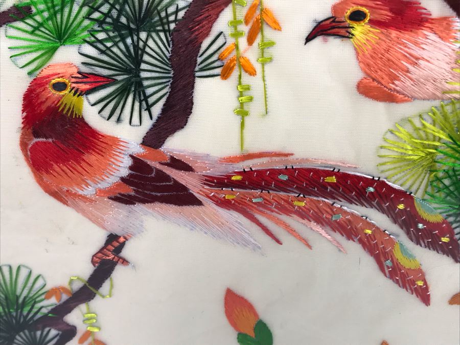 Pair Of Sealed Unframed Chinese Emroideries Artwork Of Birds And Trees Each 14' X 22' [Photo 5]