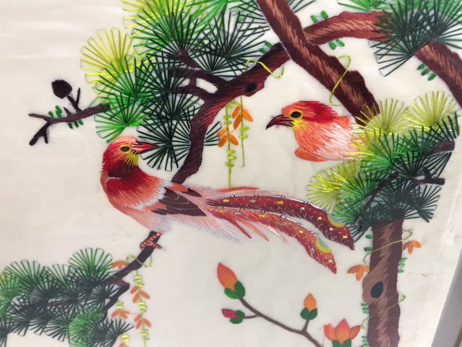 Pair Of Sealed Unframed Chinese Emroideries Artwork Of Birds And Trees Each 14' X 22' [Photo 3]