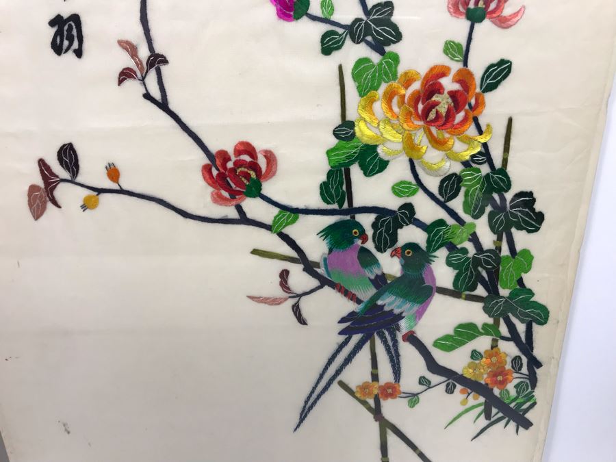 Pair Of Sealed Unframed Chinese Emroideries Artwork Of Birds And Trees Each 14' X 22' [Photo 9]