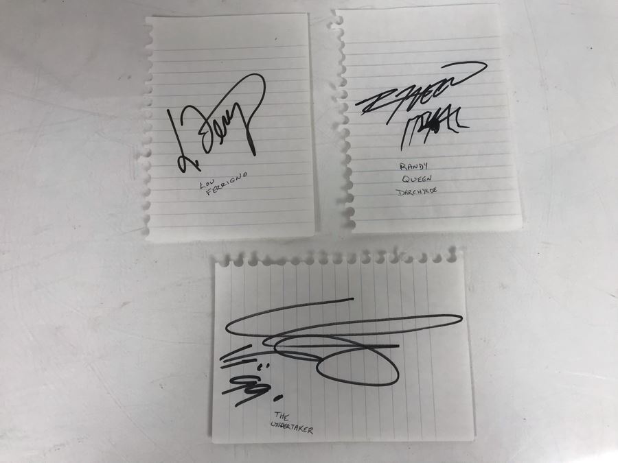 Collection Of (3) Vintage 1999 Signatures Of Lou Ferrigno, The Undertaker And Randy Queen Darkchylde