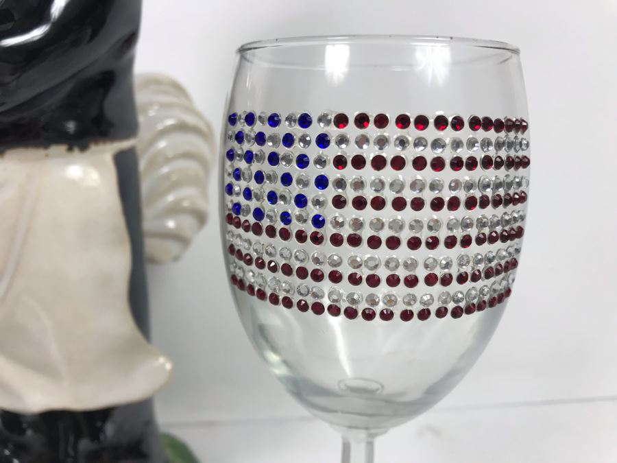 Glazed Ceramic Rooster Figurine And Pair Of Bedazzled US Flag Wine Glasses [Photo 4]