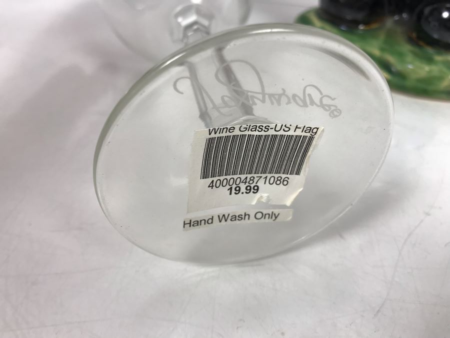 Glazed Ceramic Rooster Figurine And Pair Of Bedazzled US Flag Wine Glasses [Photo 9]