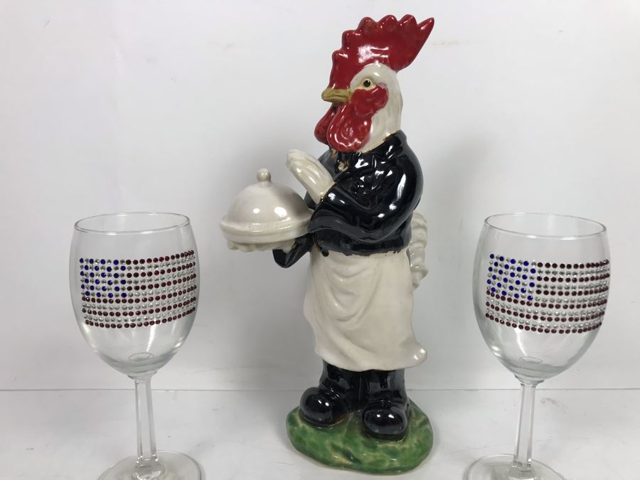 Glazed Ceramic Rooster Figurine And Pair Of Bedazzled US Flag Wine Glasses [Photo 5]