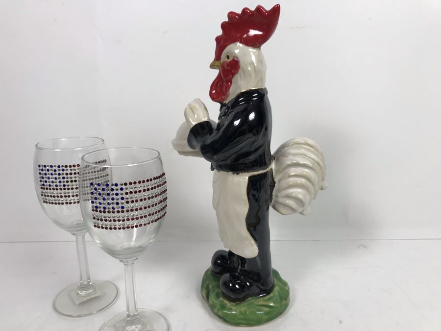 Glazed Ceramic Rooster Figurine And Pair Of Bedazzled US Flag Wine Glasses [Photo 11]
