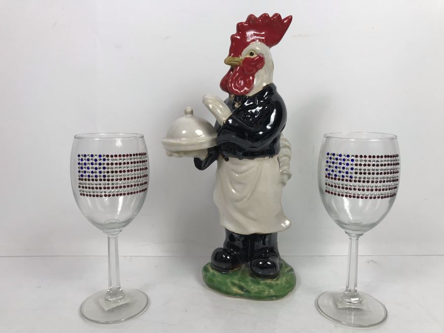 Glazed Ceramic Rooster Figurine And Pair Of Bedazzled US Flag Wine Glasses [Photo 1]