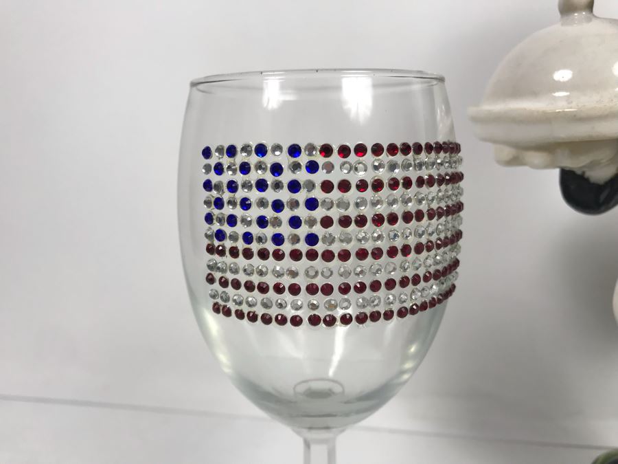 Glazed Ceramic Rooster Figurine And Pair Of Bedazzled US Flag Wine Glasses [Photo 3]