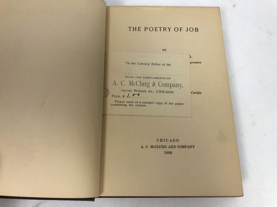 Antique 1889 Hardcover Book The Poetry Of Job By George H. Gilbert A. C. McClurg & Company With Tag Requesting Book Review [Photo 1]