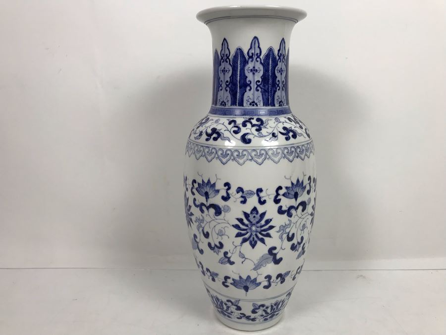 Signed Handpainted Asian Blue And White Vase 14'H [Photo 1]