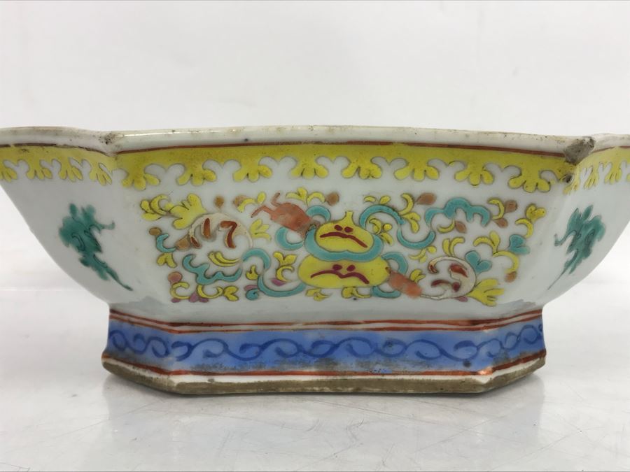 Signed Old Chinese Porcelain Bowl 7.5' X 6' X 2.5'H Slight Chip In Corner [Photo 4]