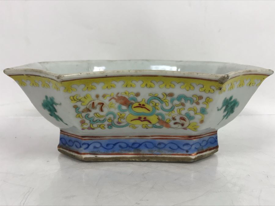 Signed Old Chinese Porcelain Bowl 7.5' X 6' X 2.5'H Slight Chip In Corner [Photo 1]
