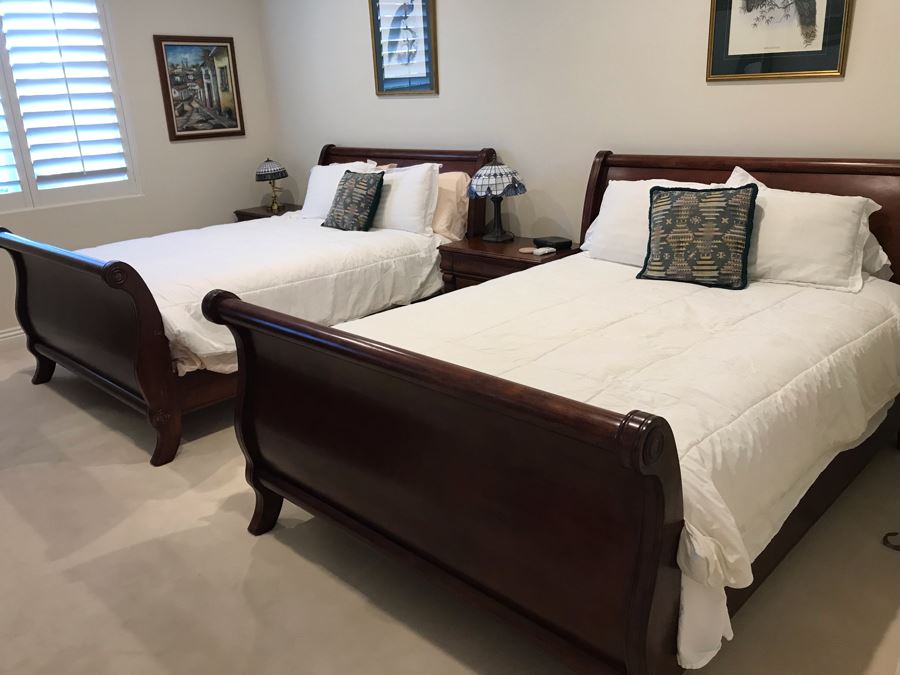 Guest Wooden Bedroom Set Includes: (2) Queen Size Sleigh Beds With Mattresses, Boxsprings And Bedding, Dresser With Mirror, (2) Nightstands And Armoire (Armoire Has Chip)  - See Photos [Photo 2]