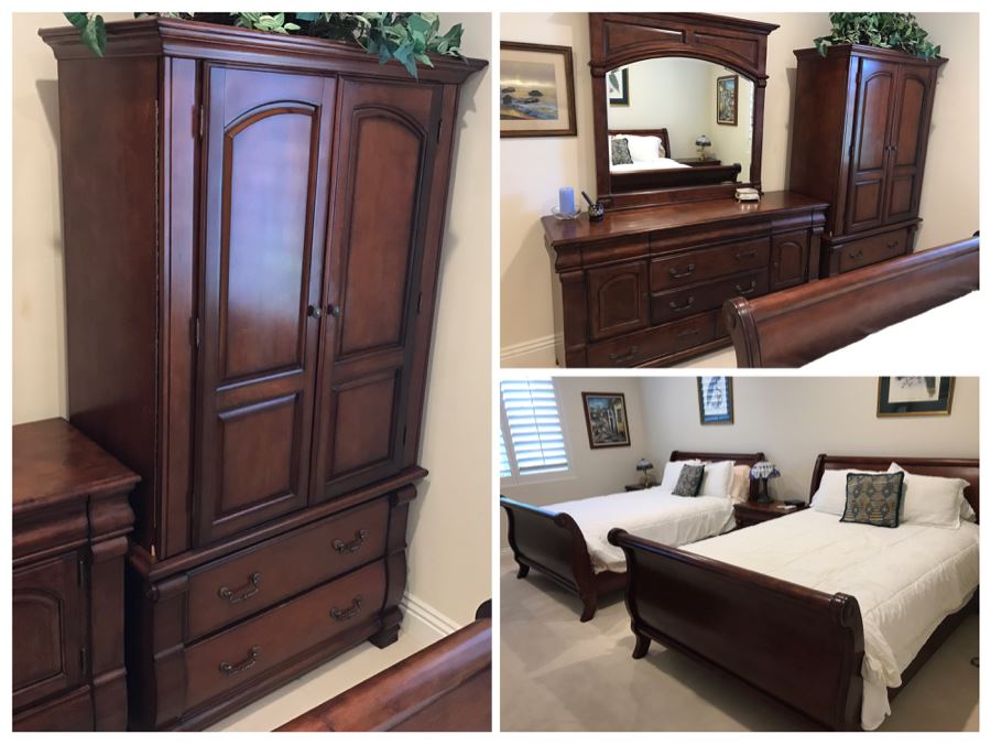 Guest Wooden Bedroom Set Includes: (2) Queen Size Sleigh Beds With Mattresses, Boxsprings And Bedding, Dresser With Mirror, (2) Nightstands And Armoire (Armoire Has Chip)  - See Photos [Photo 1]
