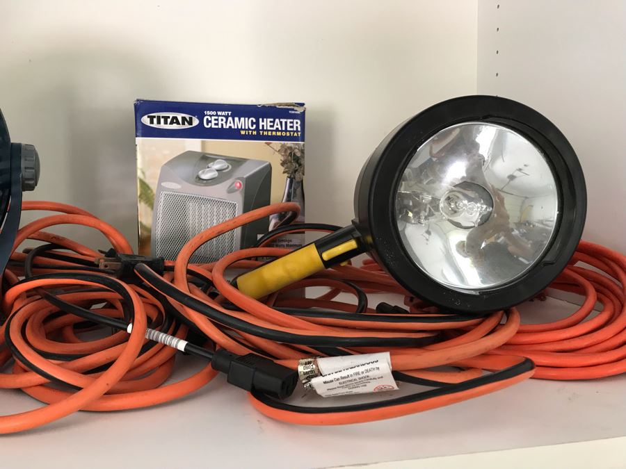 (3) Heavy Duty Extension Cords, Fan, Ceramic Heater And Brinkmann QBeam