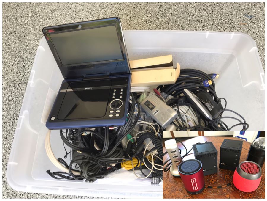 Various Electronics And Cables Including Portable DVD Player, Wireless Speakers, Voice Cassette Recorder - See Photos