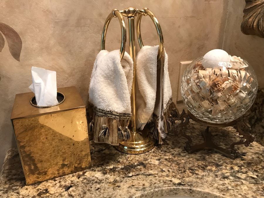 Brass Towel Holder, Gold Tone Tissue Box And Crystal Bowl With Metal Stand [Photo 1]