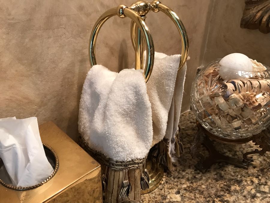 Brass Towel Holder, Gold Tone Tissue Box And Crystal Bowl With Metal Stand [Photo 6]