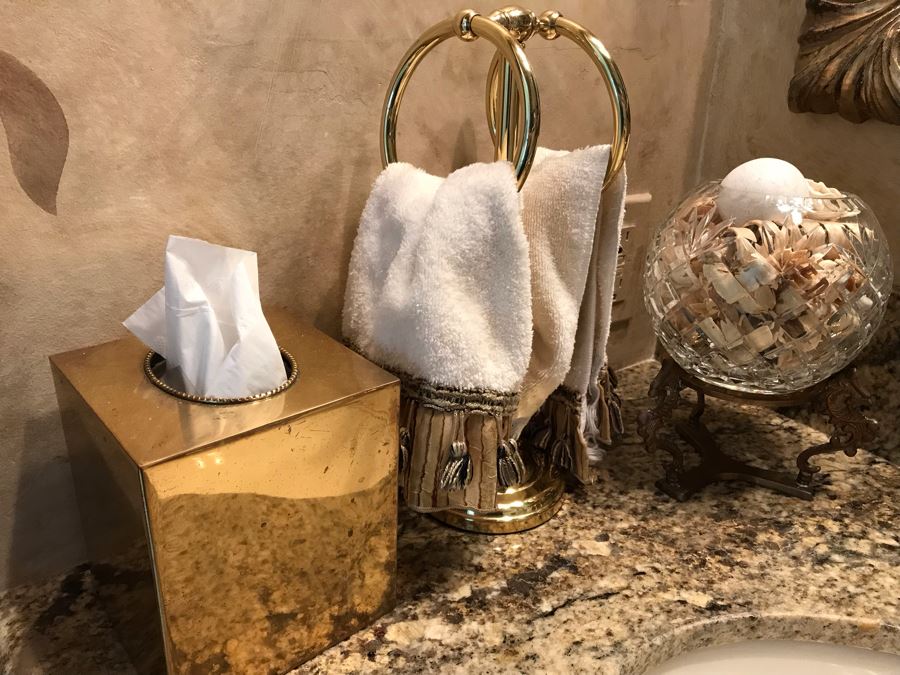 Brass Towel Holder, Gold Tone Tissue Box And Crystal Bowl With Metal Stand [Photo 2]