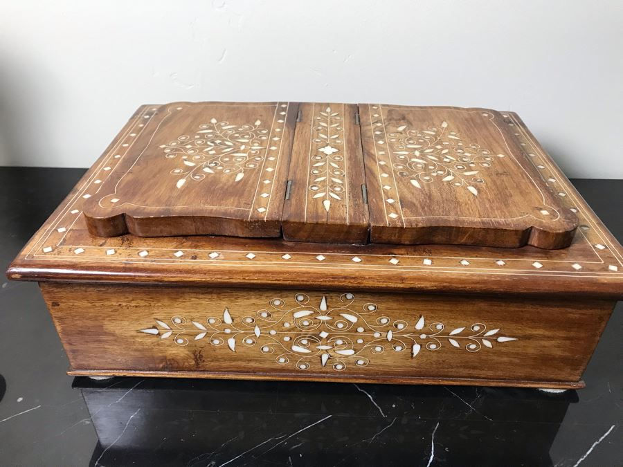 Stunning Wooden Inlaid Bone Book Storage Box Adjustable Stand For Booking Reading [Photo 11]