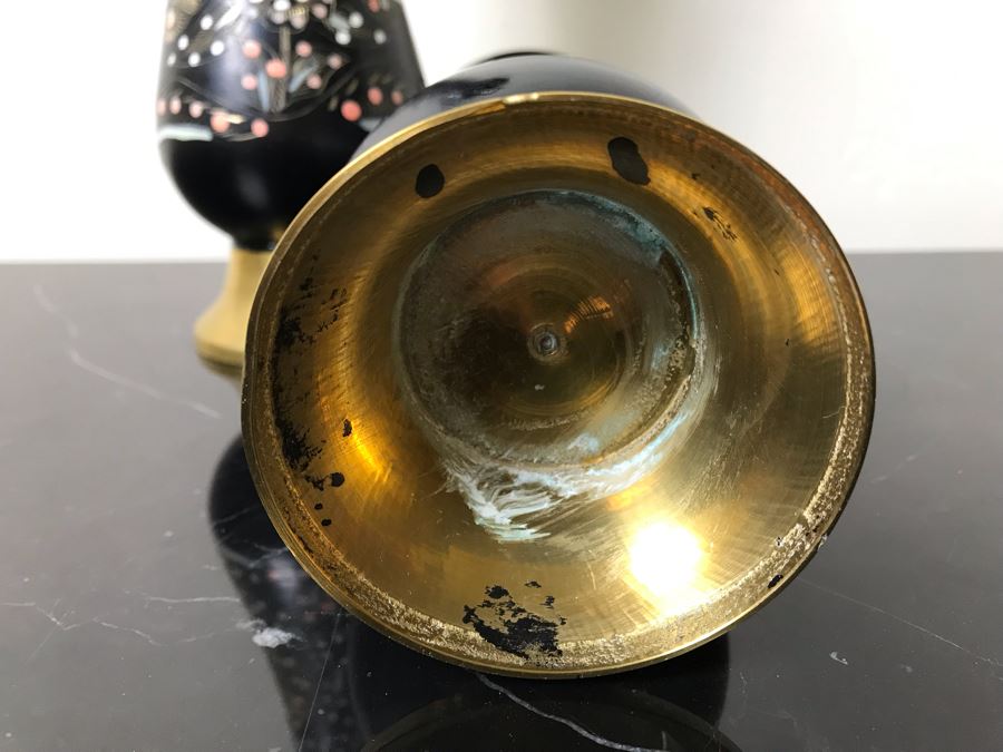 Pair Of Etched Brass Peacock Design Hand Painted Vases 9.5'H [Photo 7]