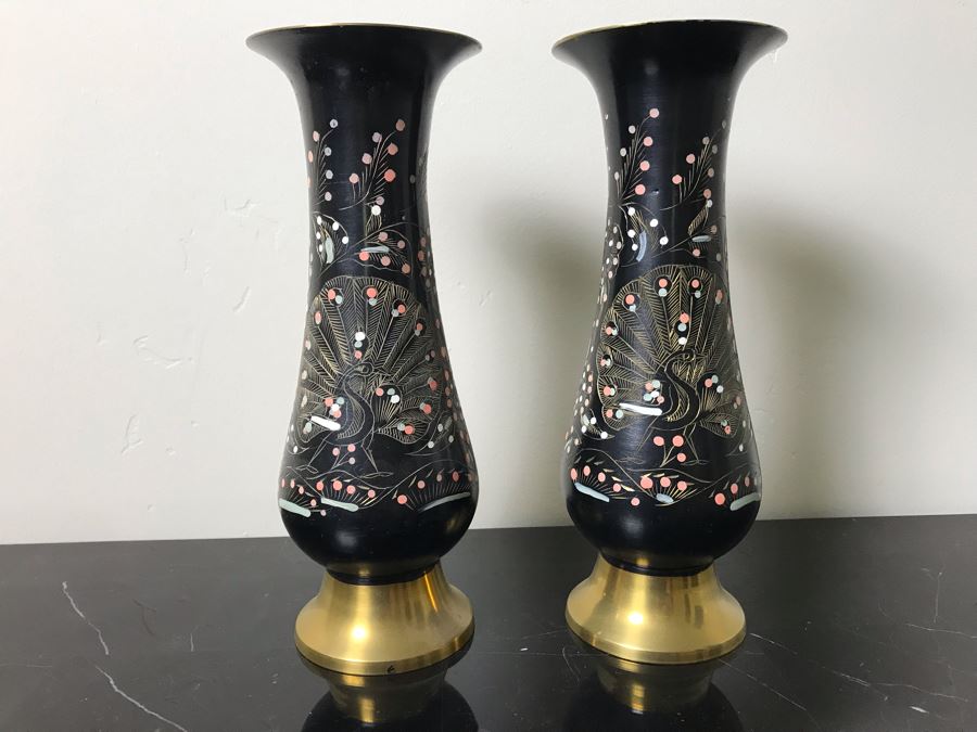 Pair Of Etched Brass Peacock Design Hand Painted Vases 9.5'H [Photo 1]