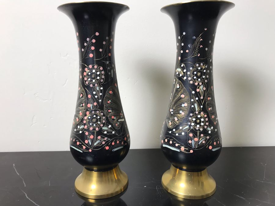 Pair Of Etched Brass Peacock Design Hand Painted Vases 9.5'H [Photo 5]