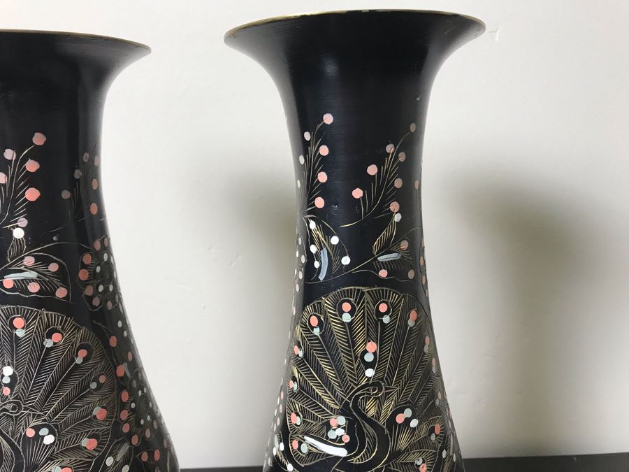 Pair Of Etched Brass Peacock Design Hand Painted Vases 9.5'H [Photo 4]
