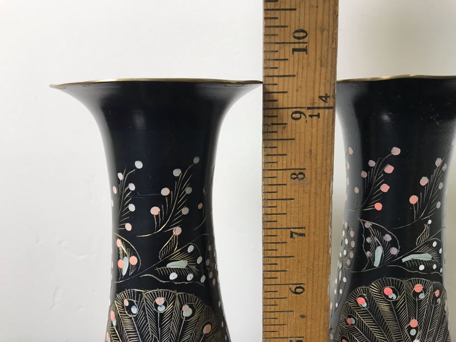 Pair Of Etched Brass Peacock Design Hand Painted Vases 9.5'H [Photo 8]