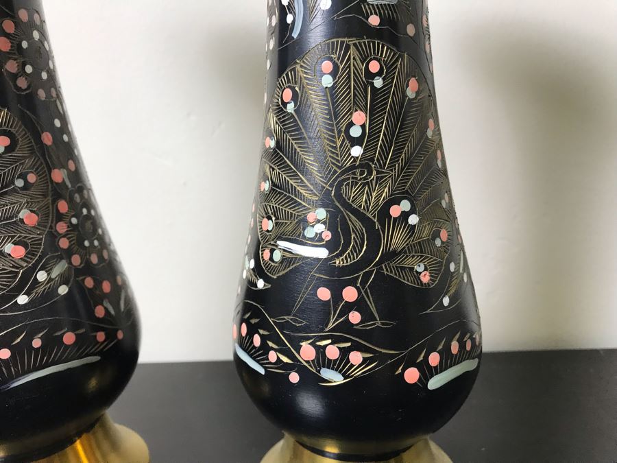 Pair Of Etched Brass Peacock Design Hand Painted Vases 9.5'H [Photo 3]