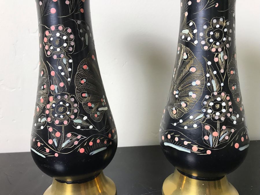 Pair Of Etched Brass Peacock Design Hand Painted Vases 9.5'H [Photo 6]