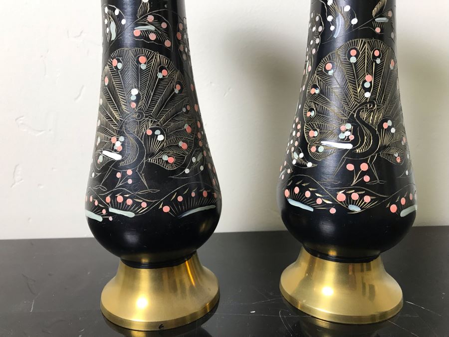 Pair Of Etched Brass Peacock Design Hand Painted Vases 9.5'H