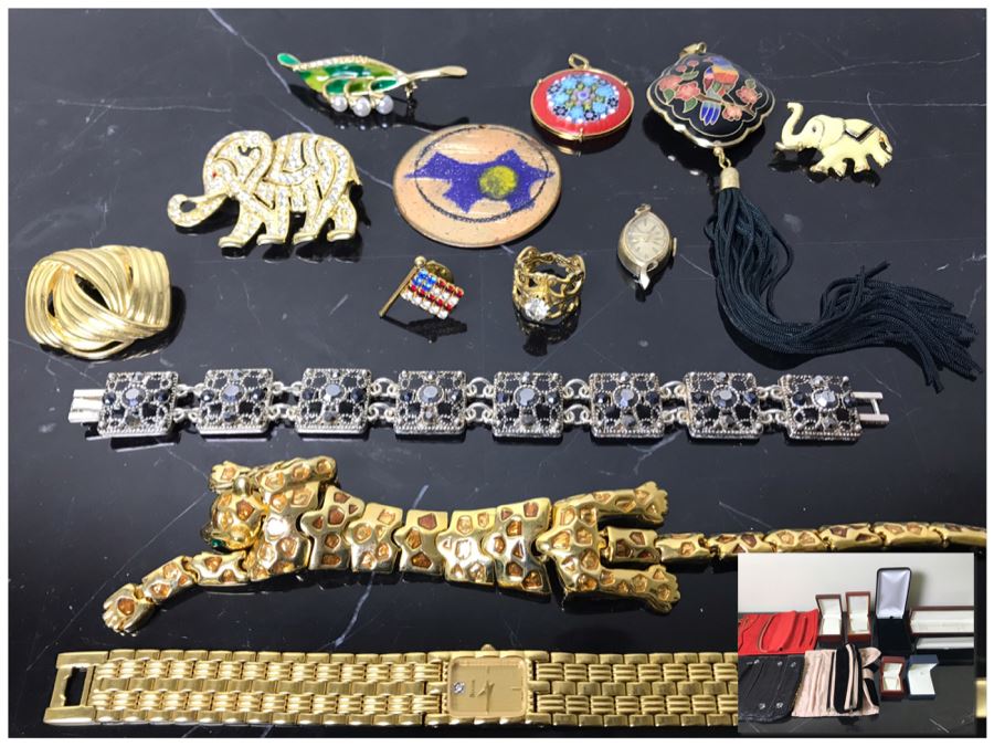 Costume Jewelry Lot With Ladies Bulova Quartz Watch, Brooches, Bracelet, Pendants, Ring And Jewelry Boxes - See Photos