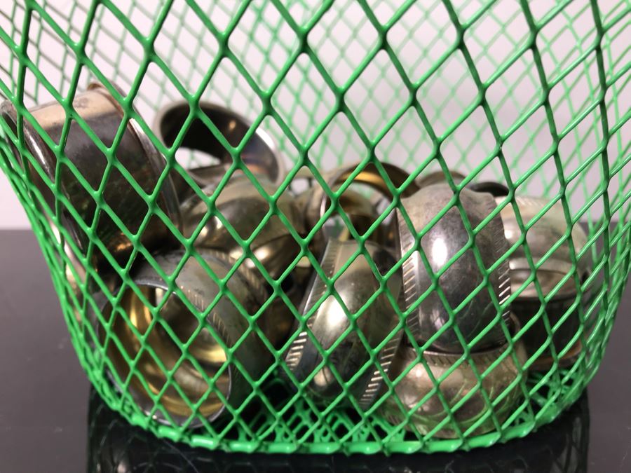 Green Metal Basket Filled With Silverplate Napkin Holders [Photo 2]