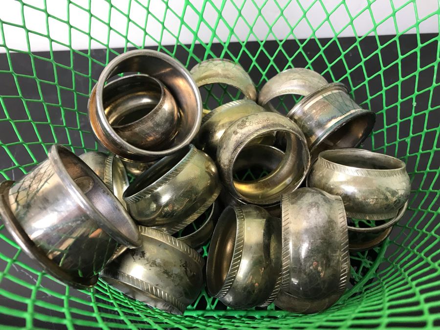 Green Metal Basket Filled With Silverplate Napkin Holders [Photo 3]