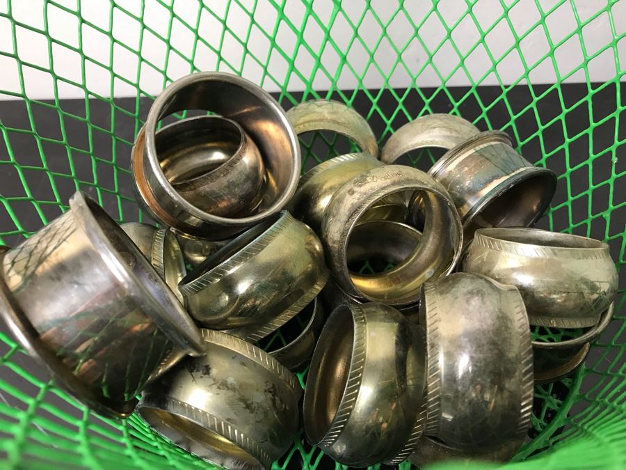 Green Metal Basket Filled With Silverplate Napkin Holders [Photo 4]