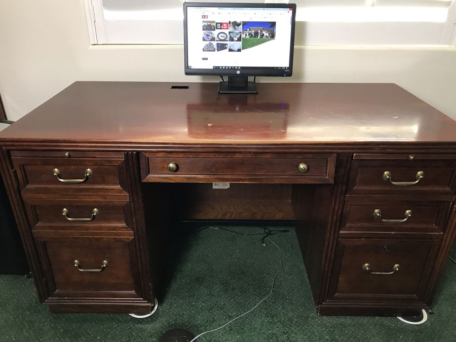 Stanley Wooden Knee Hole Desk With Built-In Power Cord Switch 60'W X 30'D X 30.5'H [Photo 1]