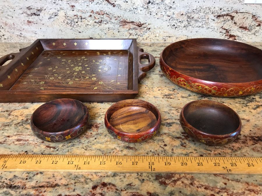 Stunning Inlaid Brass Moroccan Tray, Bowl And (3) Cups [Photo 2]