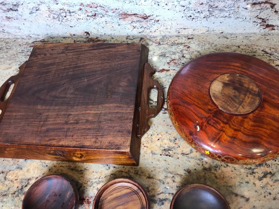 Stunning Inlaid Brass Moroccan Tray, Bowl And (3) Cups [Photo 7]
