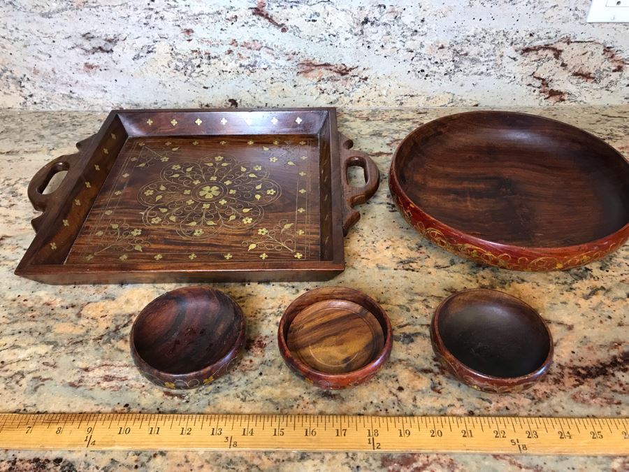 Stunning Inlaid Brass Moroccan Tray, Bowl And (3) Cups