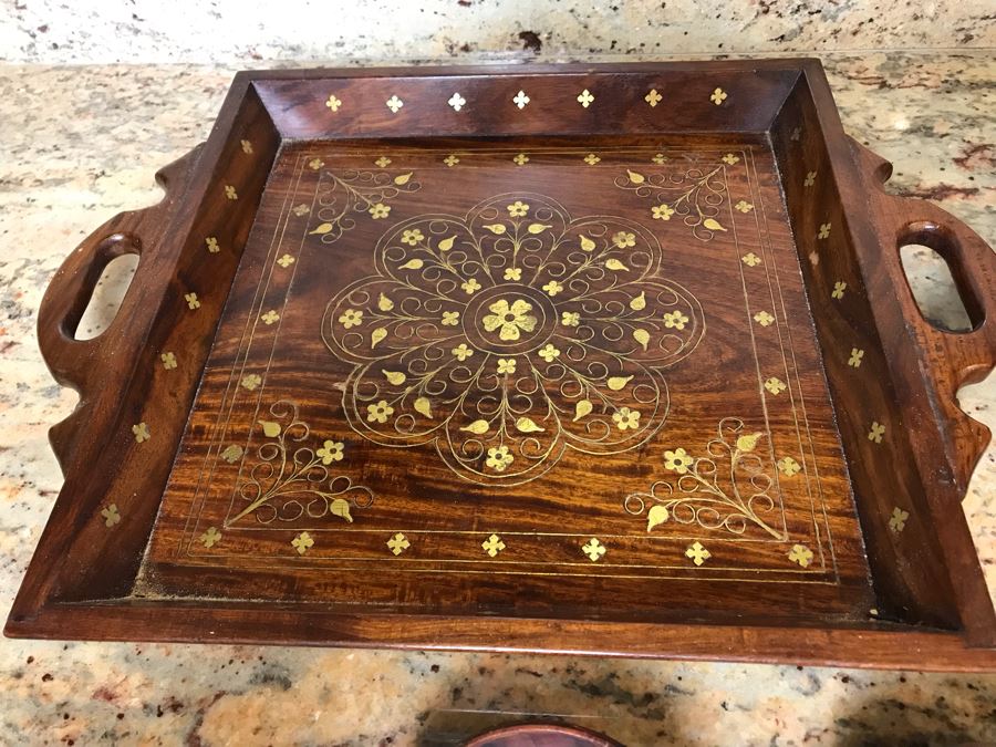 Stunning Inlaid Brass Moroccan Tray, Bowl And (3) Cups [Photo 3]