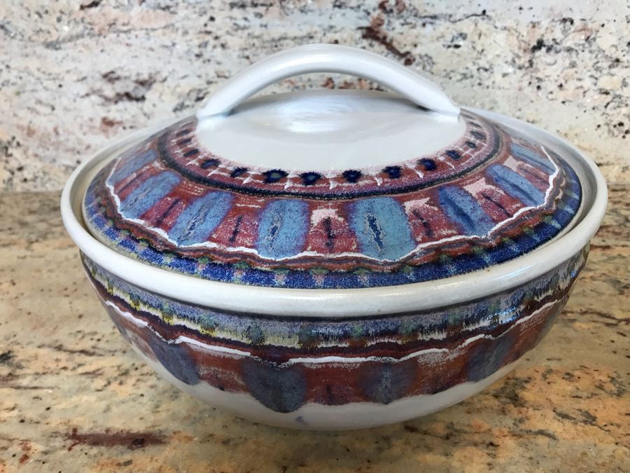 Signed Handmade Glazed Art Pottery Bowl With Lid 10'R [Photo 3]