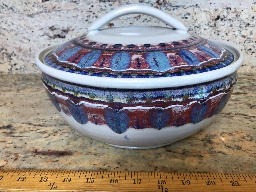 Signed Handmade Glazed Art Pottery Bowl With Lid 10'R [Photo 2]