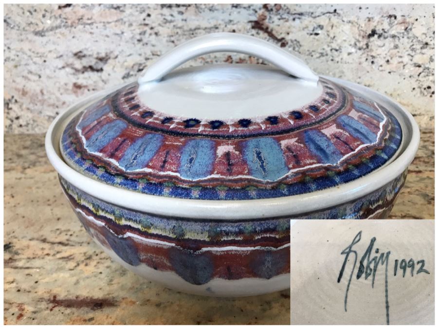 Signed Handmade Glazed Art Pottery Bowl With Lid 10'R [Photo 1]