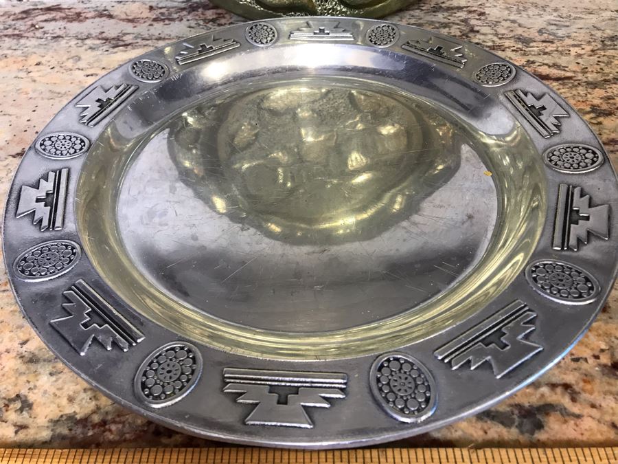 (4) Brass Repousse Tray Decor, Vintage Wilton Pewter Serving Tray, Metal Basket And Footed Silverplate Tray [Photo 4]