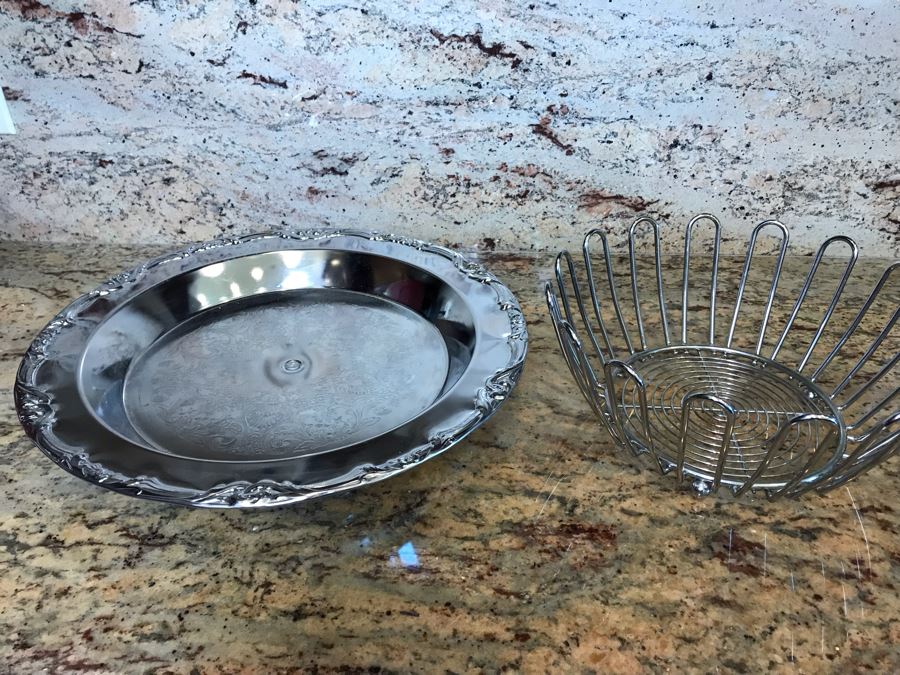 (4) Brass Repousse Tray Decor, Vintage Wilton Pewter Serving Tray, Metal Basket And Footed Silverplate Tray [Photo 8]