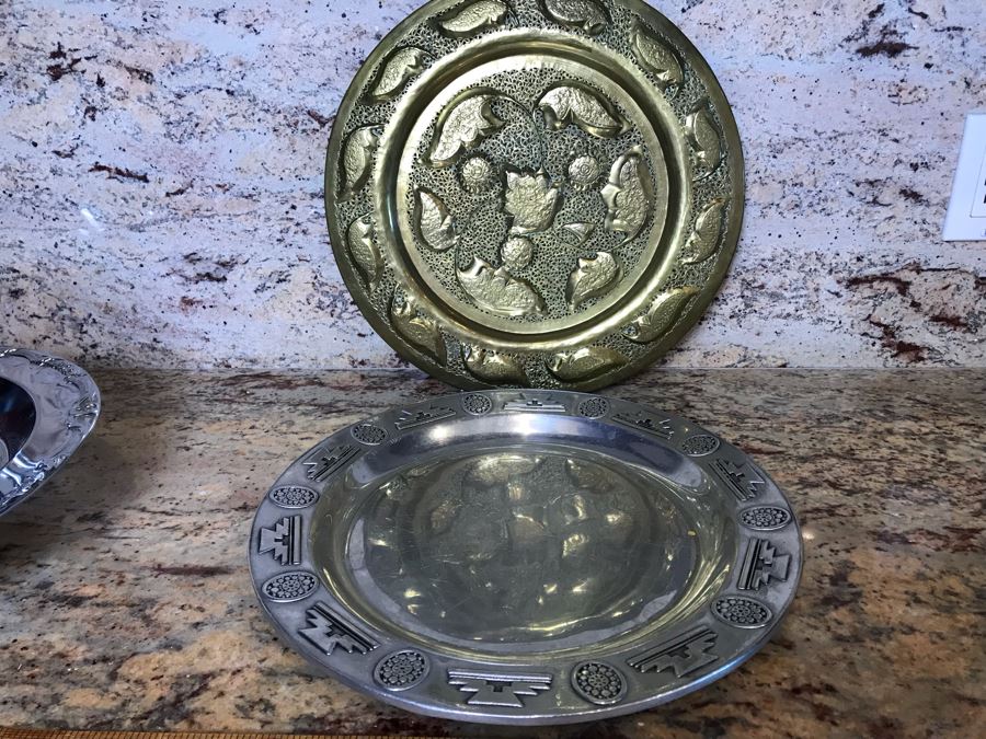 (4) Brass Repousse Tray Decor, Vintage Wilton Pewter Serving Tray, Metal Basket And Footed Silverplate Tray [Photo 3]
