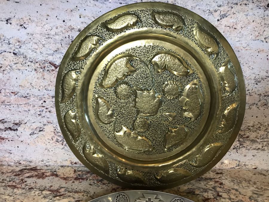 (4) Brass Repousse Tray Decor, Vintage Wilton Pewter Serving Tray, Metal Basket And Footed Silverplate Tray [Photo 5]