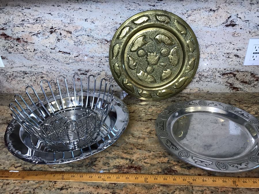 (4) Brass Repousse Tray Decor, Vintage Wilton Pewter Serving Tray, Metal Basket And Footed Silverplate Tray